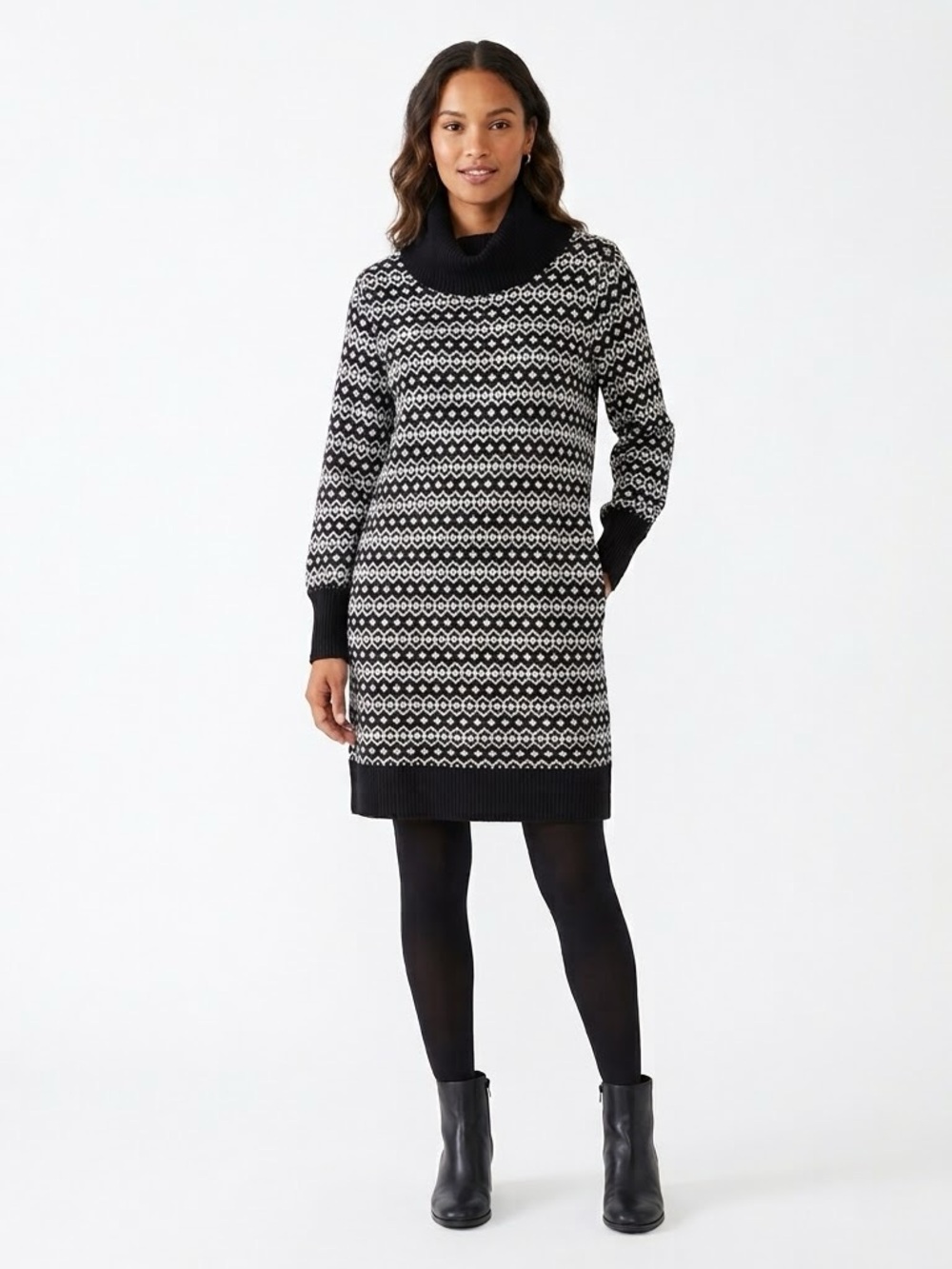Joe Fresh Geometric Fair Isle Cowl Neck Knit Longline Tunic Sweater Dress, M